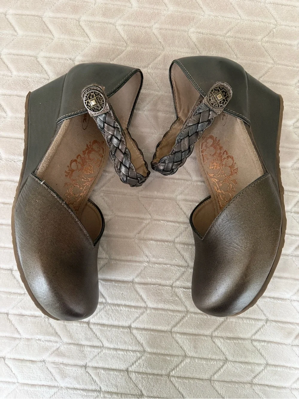 Aetrex Mia Adjustable Metallic Brown Braided Ankle-Strap Wedge Mary Janes Eu 40